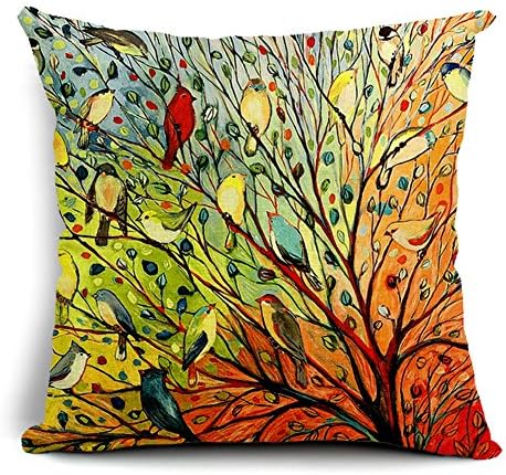 Kipten Oil Painting Small Fresh Fowers and Birds Tree Cotton Linen Pillow Cushion Cover Home Sofa Decoration 18 x 18 Inch