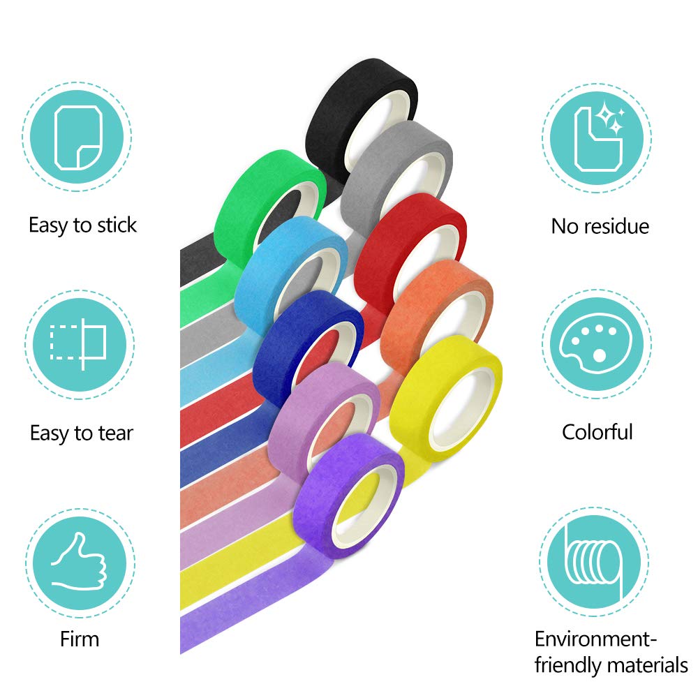 Colored Masking Tape-10 Different 0.6Inch x 10M Rainbow Rolls-DIY Washi Painter Tape for Art,Lab,Labeling,Classroom Decoration,Office & Home Supplies