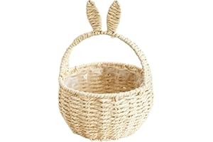 Easter Basket with Handle, Bunny Rattan Woven Basket,Picnic Baskets with Rabbit Ear,Easter Egg Candy Baskets for Egg Hunt Par