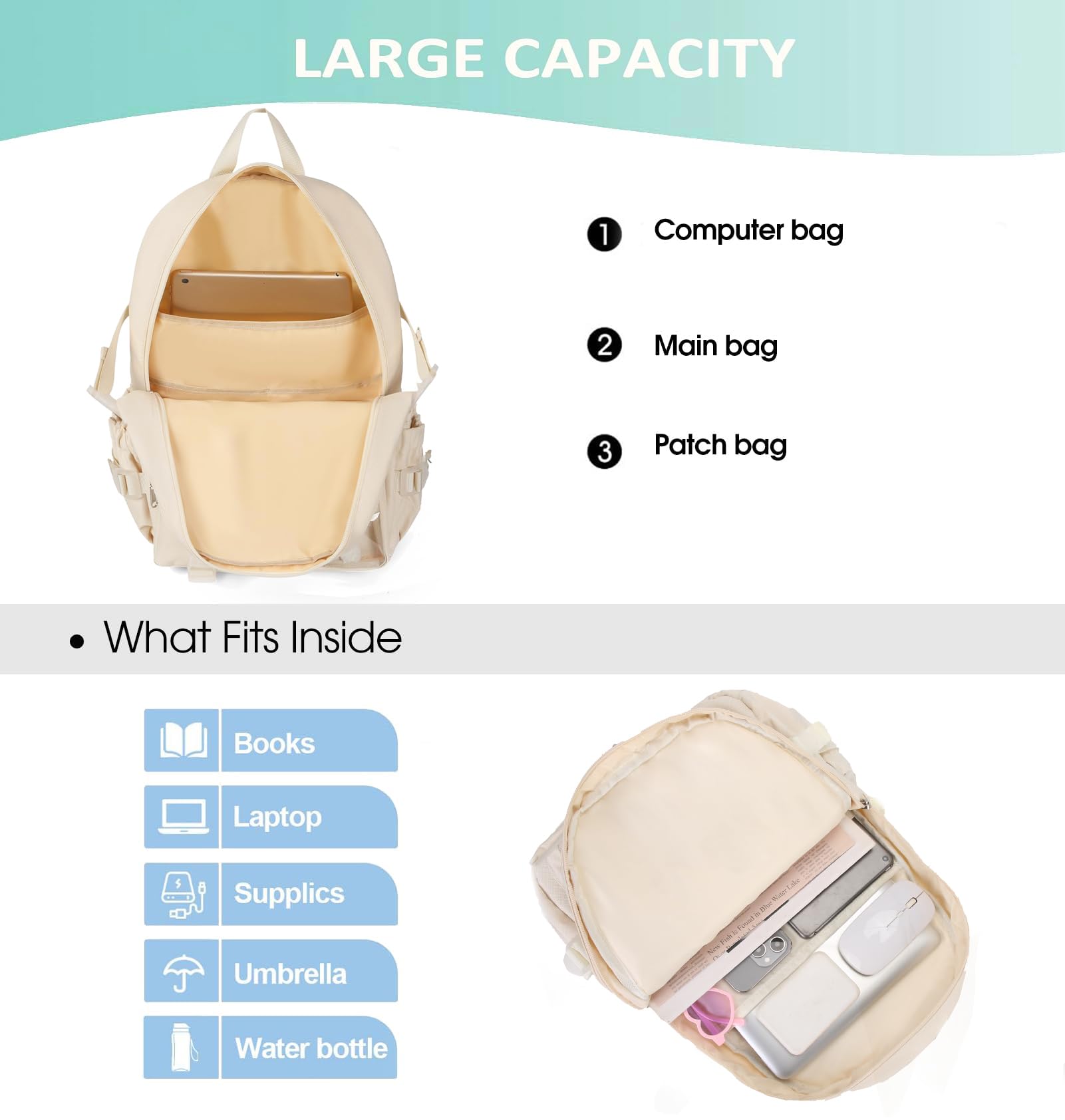 PRLINJSK Kawaii Backpack for Teen Girls, Cute Aesthetic High Middle School College Bookbag with Accessories, Beige