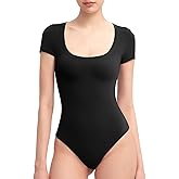 PUMIEY Women's Scoop Neck Short Sleeve Bodysuit Slimming Fit Body suit Top Smoke Cloud Pro Collection