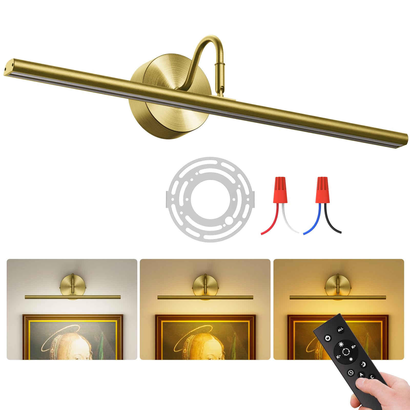 Photo 1 of Denlead Hardwired Picture Lights for Wall 23.9" LED Wall Art Lights with Remote, 3CCT Dimmable Gallery Art Light for Paintings Poster Light, 15W, 2700K-6500K, 1200LM, Brass