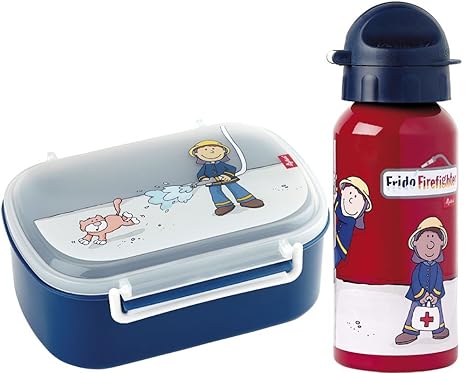 Sigikid Brotdose 24474 und Trinkflasche Frido Firefighter Feuerwehr 24484 Geschenkset für Kindergartenkinder oder ABC Schütze