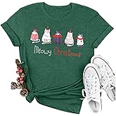 Women Cat Christmas Tshirt Funny Cute Meowy Christmas Letter Print Tee Tops Casual Cat Lovers Short Sleeve Gift Tops