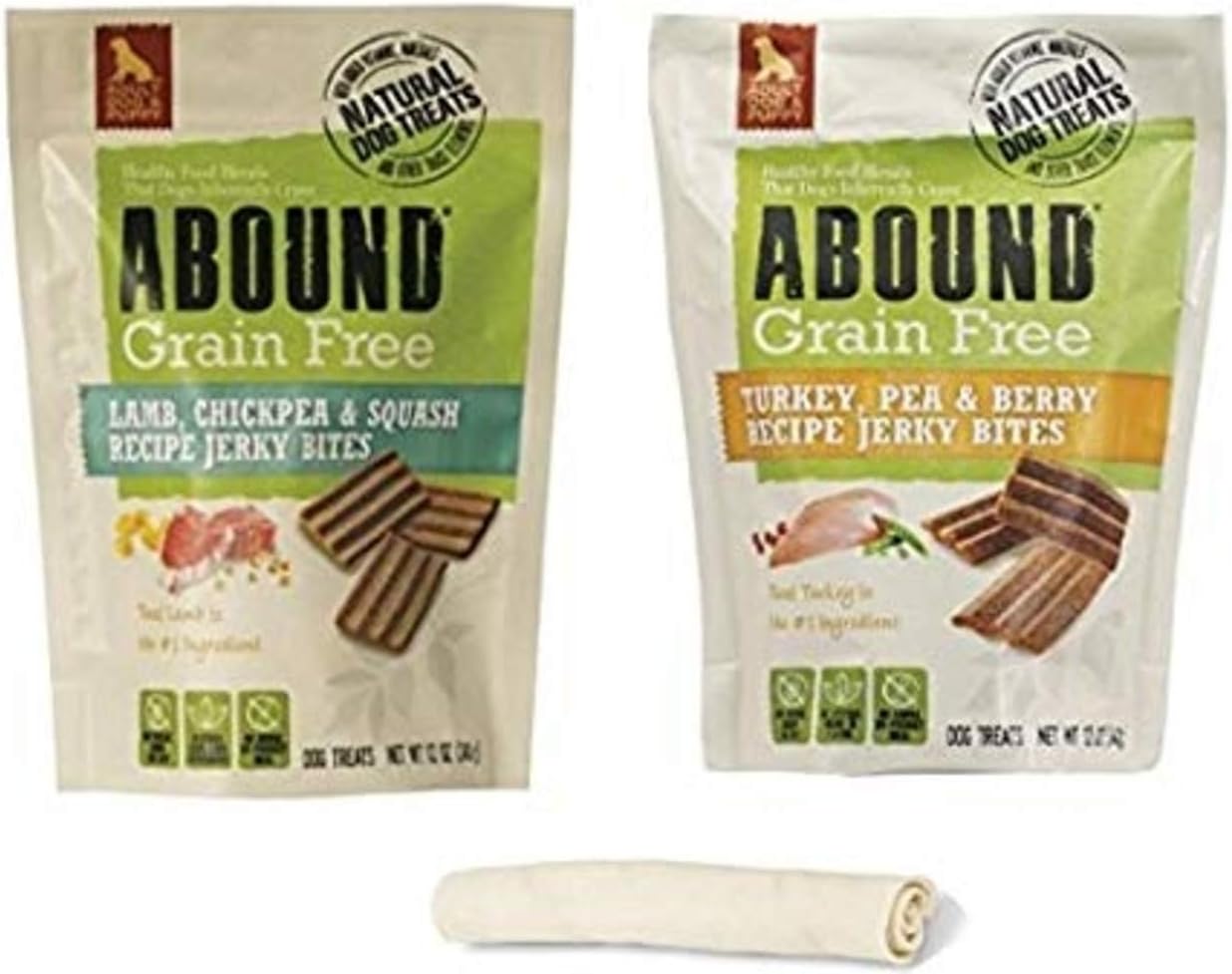 Abound Grain Free Natural Jerky Bites Dog Treats 2 Flavor Bundle: (1) Lamb, Chickpea & Squash Recipe (1) Turkey, Pea & Berry Recipe - 12 Ounces Each - Plus Natural Dog Chew (3 Items Total)