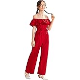 WDIRARA Girl's Off Shoulder Wide Leg Ruffle Trim Short Sleeve Belted Cute Jumpsuit
