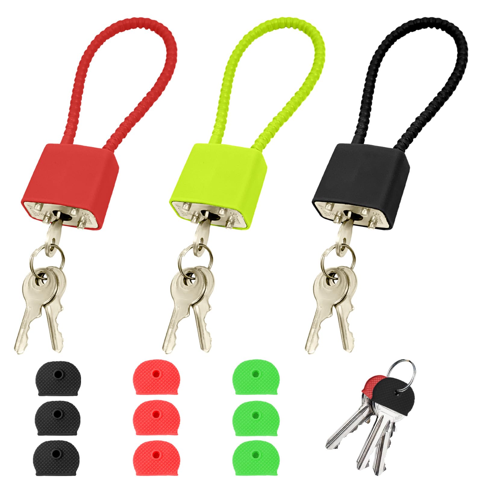 3 PCS Padlocks with Keys and Steel Rope Heavy Duty Padlock Lock with Color Key Ring for Outside Wheelie Bin Suitcase School Gate Bicycle Gym Cabinets Small Cable Padlock Black Red Green