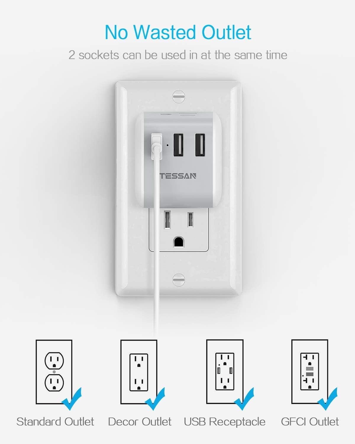 Multi Plug Outlet Extender with 3 USB Charger, TESSAN Power Charging Cube Expander for Wall Outlet Box, Multiple Electrical Outlet Splitter for Home, Office, Dorm Essentials - - 