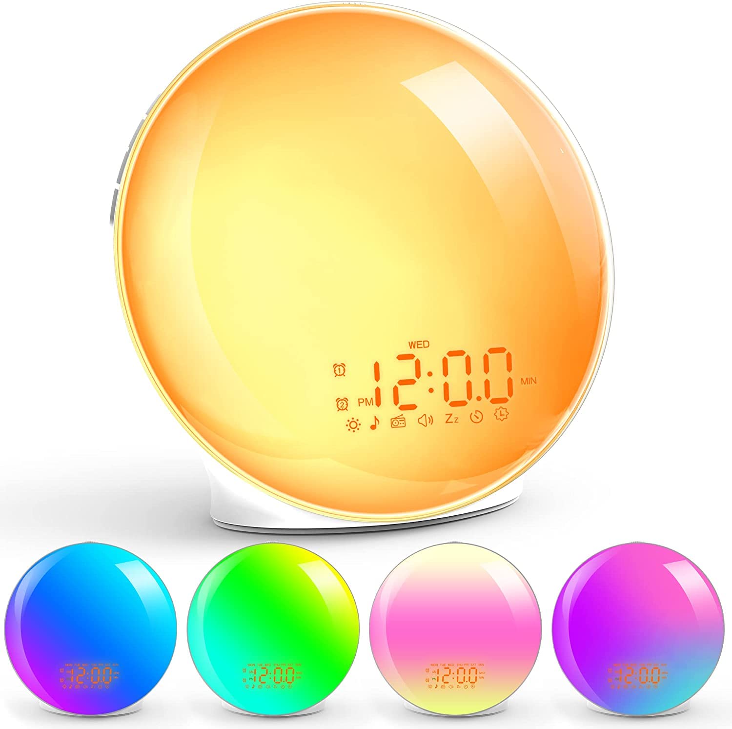 Wake Up Light Sunrise Alarm Clock for Heavy Sleepers, Bedroom, Full Screen Clock Radio with Sunrise Simulation, 3 Light Modes, Snooze, Dual Alarms, 8 Natural Sounds, Ideal for Gift