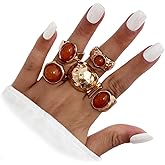 Douxsu 5Pcs Chunky Gold Hammered Stackable Brown Crystal Rings for Women Trendy, Vintage Thick Stack Knuckle Ring Non Tarnish Dainty Party Prom Jewelry Gift