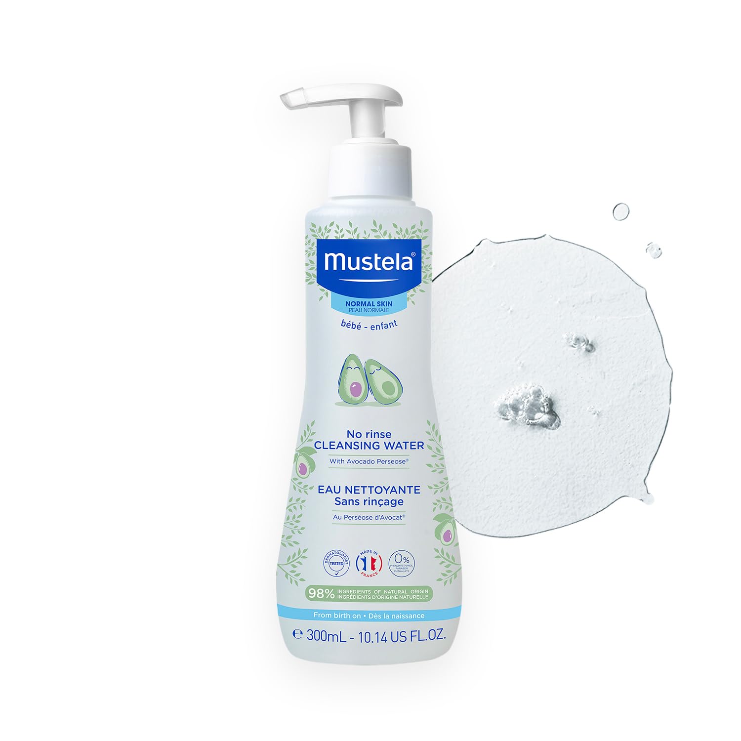 Mustela Baby Cleansing Water - No-Rinse Micellar Water - with Natural Avocado & Aloe Vera - for Baby's Face, Body & Diaper - 10.14 fl. oz. – 2-Pack