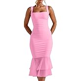 Kaximil Women's Sexy Bodycon Ruched Square Neck Midi Dresses Elegant Sleeveless Ruffle Cocktail Party Dress