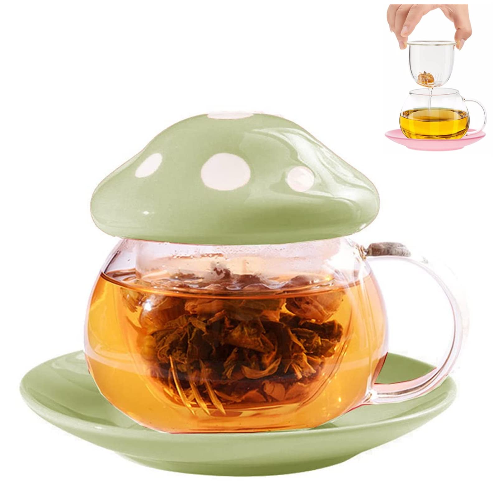 TUHNHGD Mushroom Mug, Tea Cup with Infuser, Glass Coffee Cups, with Coaster. Cup Lid. Tea Strainer, 290ml (Green)