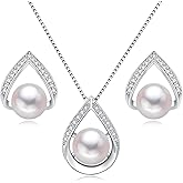BAMIKI Pearl Necklace and Earrings Set, Saltwater/Freshwater Cultured Pearl Jewelry Set in 925 Sterling Silver - Elegance for Wife, Mom, Girlfriend on Anniversary, Mother's Day, or Birthday