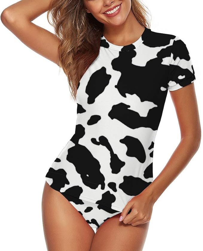 Amazon 牛柄 動物の柄 レディース ビキニ 半袖 フィットネス水着 セパレート ラッシュガード 2点セット 体型カバー 体型補正 紫外線防止 速乾吸水 スイムウエア ビキニ セパレーツ 通販