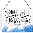Inspirational Nautical Decor Mightier Than The Waves of The Sea Psalm 93:4 Scripture Wooden Hanging Sign Christian Gift for Baby Kids Girl Boy Nursery Teen Room Bible Verse Wall Art 10 x 8 Inches
