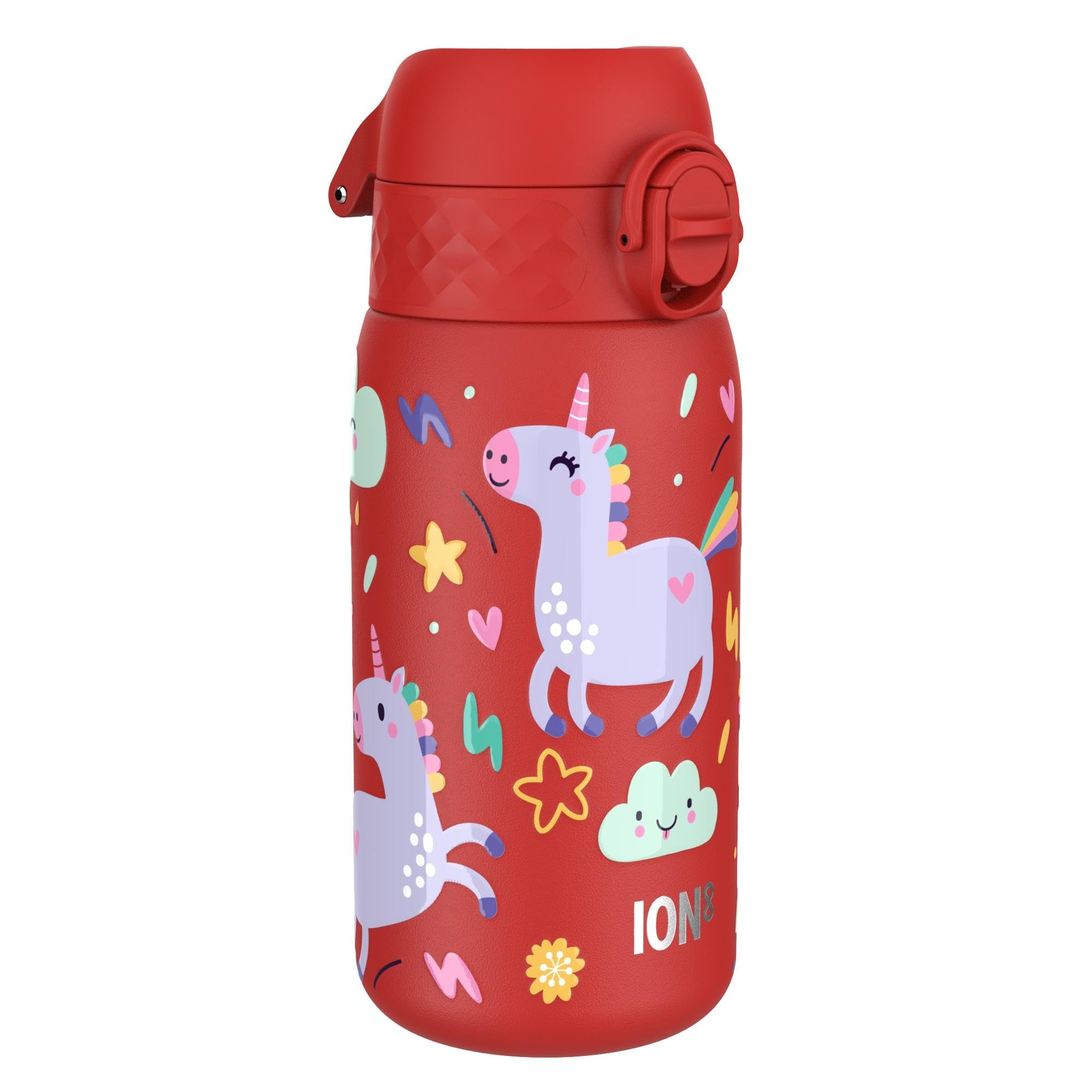 Ion8 Kids Water Bottle, Lightweight Steel, 400 ml/13 oz, Leak Proof, Non-Insulated, Easy to Open, Secure Lock, Dishwasher Safe, Flip Cover, Carry Handle, Easy Clean, Metal Water Bottle, Red, Unicorns