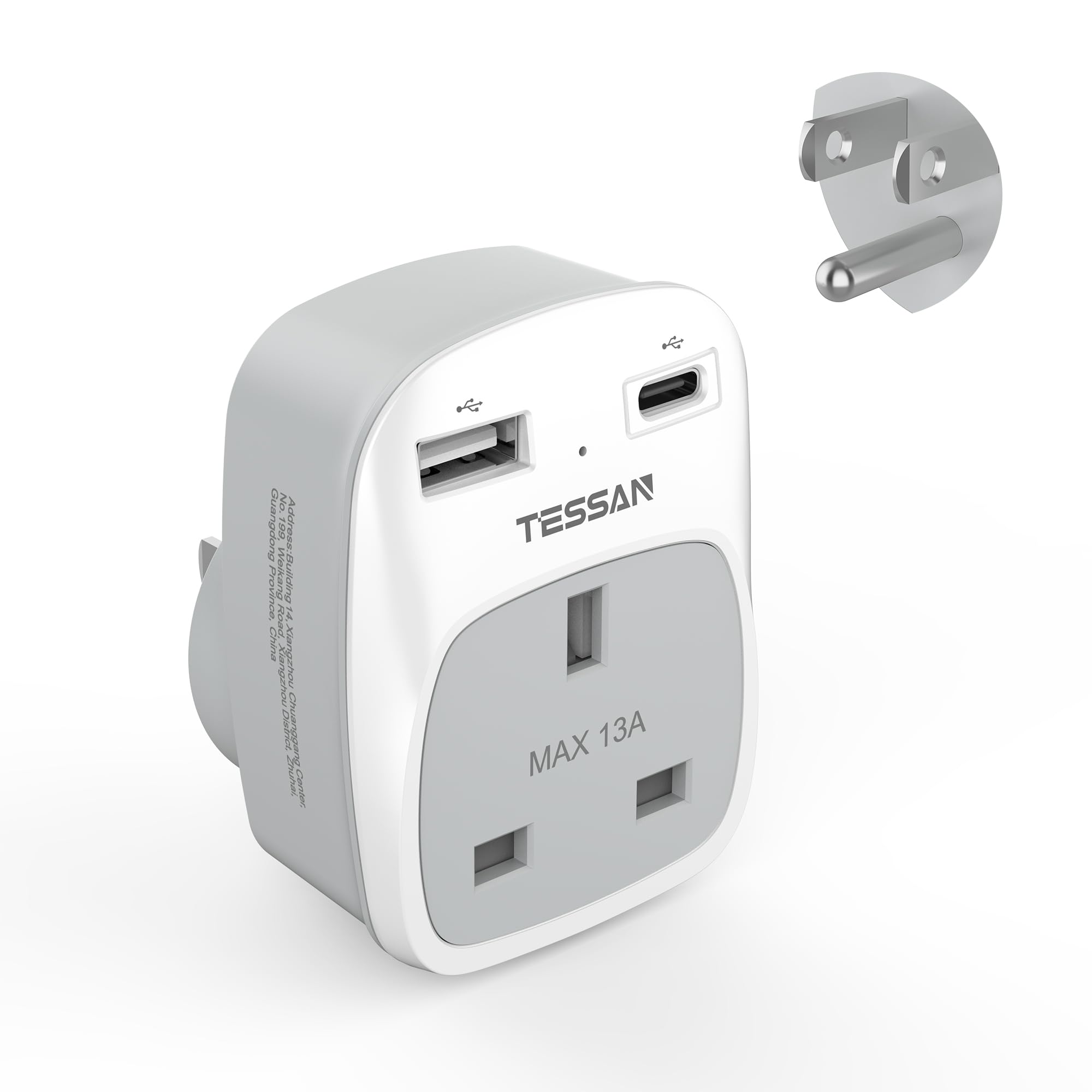 UK to US Plug Adapter, TESSAN American Travel Plug with 2 USB (1 USB C), 3 in 1 Grounded Type B, UK to US Power Adapter for USA, Canada, Thailand, Mexico