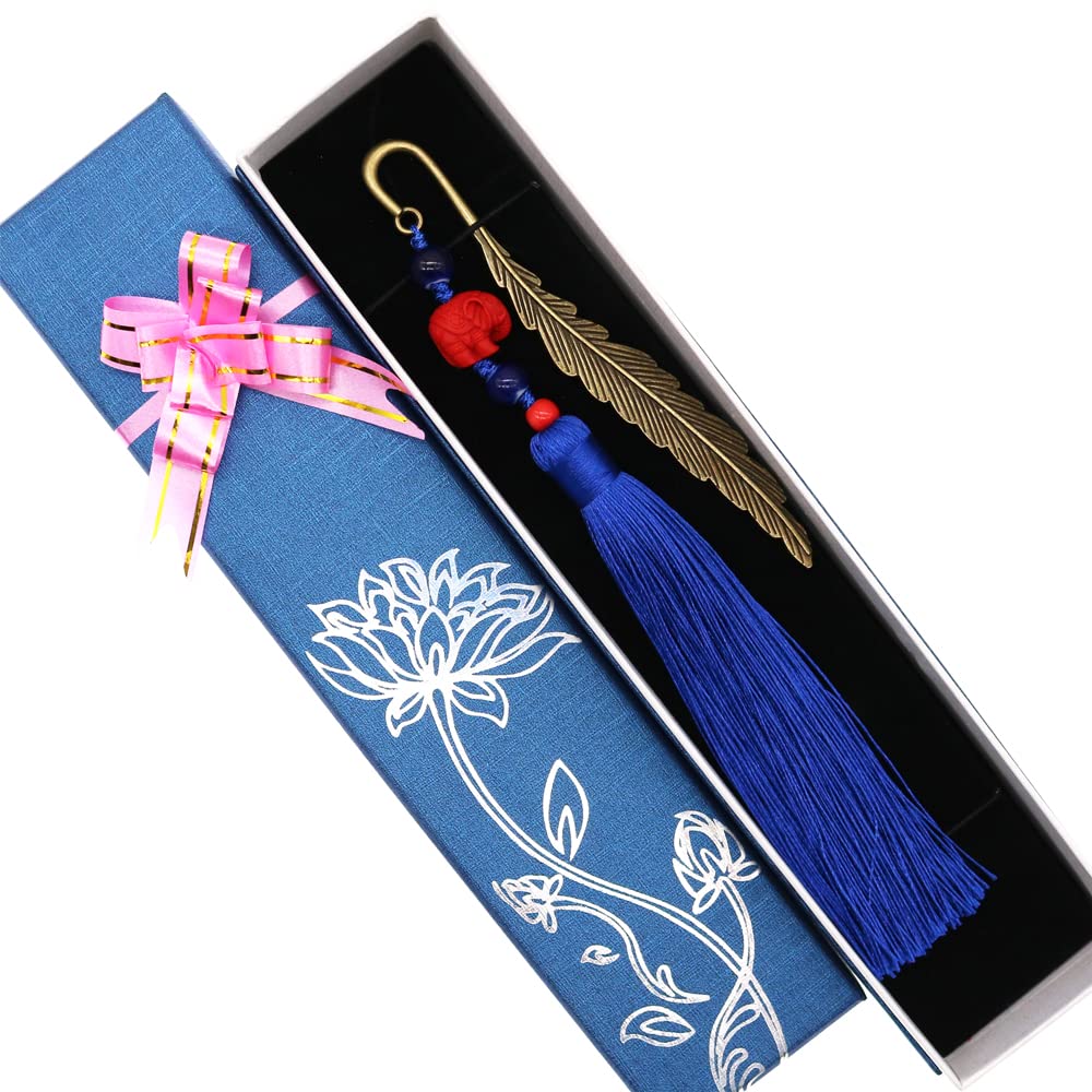 BITEYI Metal Bookmark with Tassels,Classical Bookmark and Creative Thumb Book Page Holder Gift Box Set for Book Reading Lovers (LAN Yu)