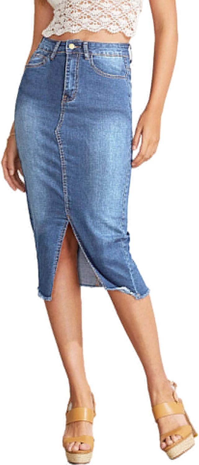 SheIn Women's Slit Midi Denim Skirt Below Knee Length Stretchy Slim Fit Jean Pencil Skirt: Clothing