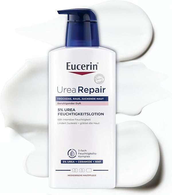 Eucerin UreaRepair 5% Urea Feuchtigkeitslotion mit beruhigendem Duft 400 ml, Körpercreme für trockene Haut spendet 48 Stunden Feuchtigkeit, parfümierte Hautpflege mit Urea und pflegenden Ceramiden