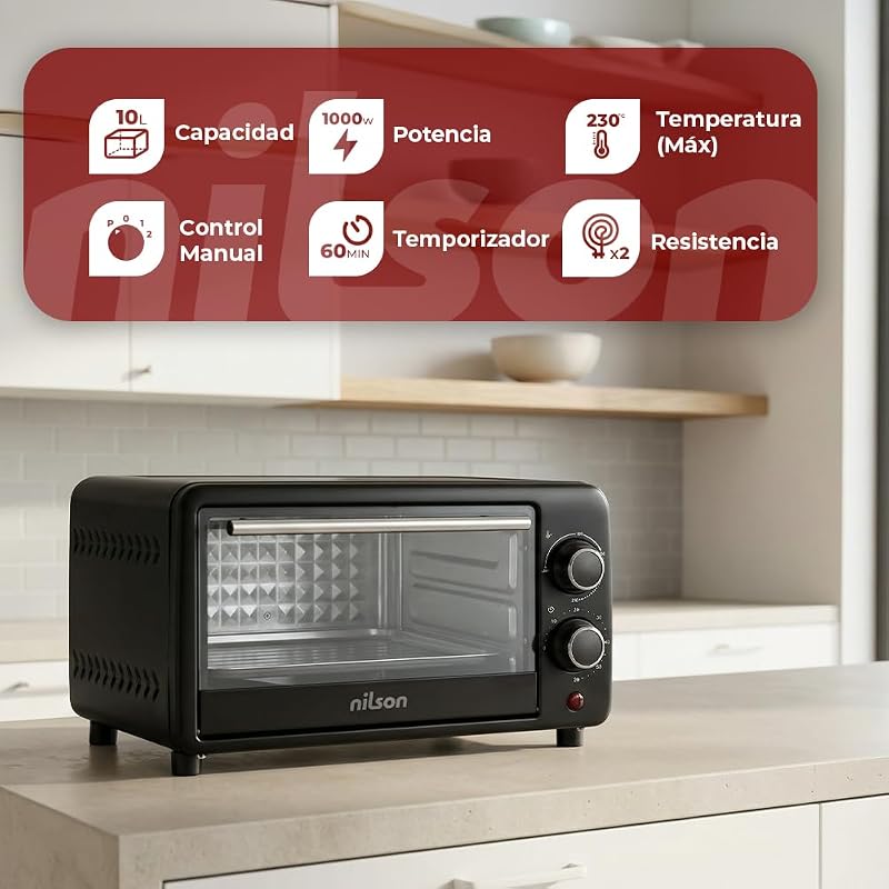 Horno de Sobremesa 10 L, Compacto, 1000 W, Control Mecánico, NHS1000N, Termostato Ajustable, Temperatura Máxima 230º, Temporizador 60 min, Incluye Bandeja Esmaltada y Rejilla Metalica — foto 4 de 7