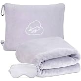 ENZOLVE Travel Blanket Pillow,Airplane Blanket Compact with Bag Eye Mask, Ultra-Soft,Warm &amp; Lightweight Included,Travel Essentials for Women &amp; Men, Luggage Sleeve &amp; Backpack Clip 65x40 in, Grey