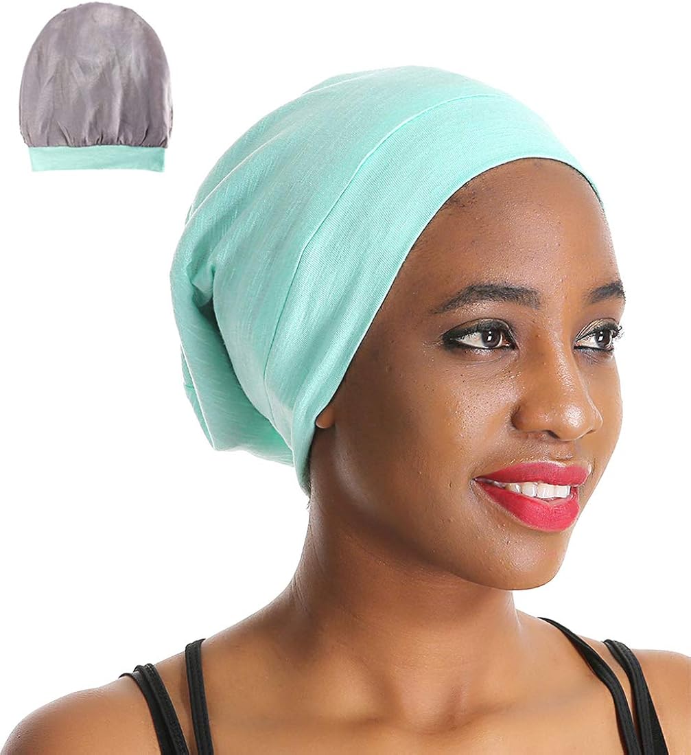 Slap Night Cap Sleep Hat Beanie - Dark Grey Women Organic Bamboo Satin Silk Lined Bonnet Surgical Cap Summer Scarf Hair Cover for Lady Lightweight Light Thin Jersey Chemo, Gifts for Women: Clothing
