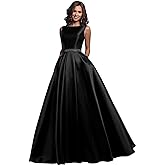 OFEECHUN Women's A Line Satin Prom Dresses Long Ball Gown Ruched Beaded Evening Formal Party Dress with Pockets