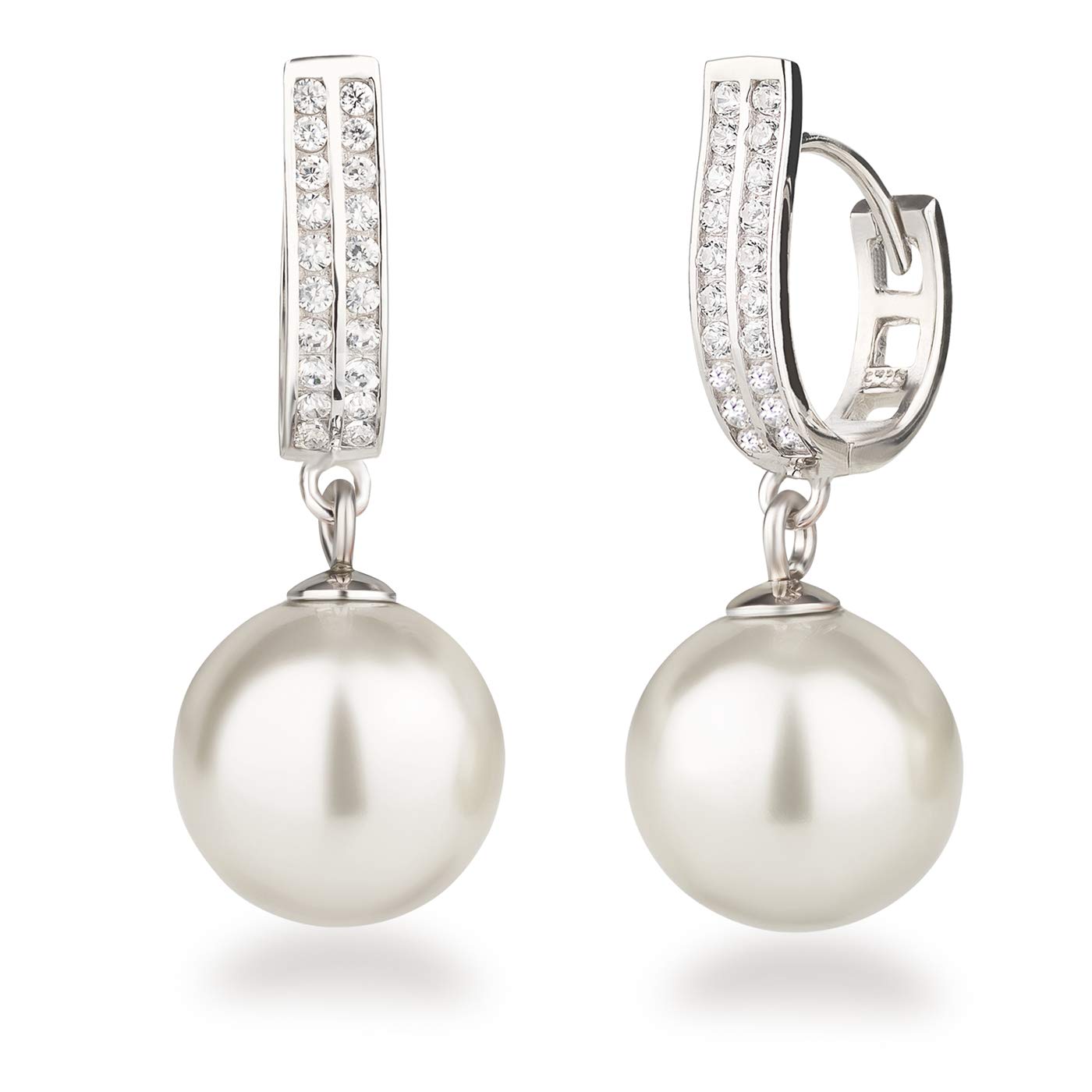 Schöner-SD Pearl Hoop Earrings with Large Pearls 925 Silver Rhodium, Sterling Silver, Pearl