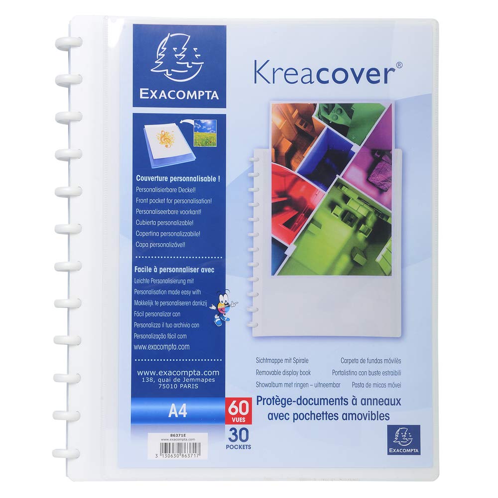 Exacompta - Ref 86371E - Kreacover Collection - PP Rigid Display Book with Rings - Suitable for Displaying A4 Documents, 30 Pockets, 60 Viewing Pages - White
