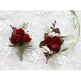 MOJUN Rose Corsage and Boutonniere Set Artificial Rose Wedding Corsage Flowers Prom Party Suit Decoration, Red