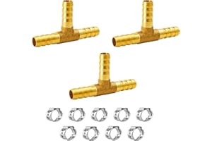 NICOLEKAY 3/16" Brass Barb Tee Fittings T-Shaped 3 Ways Union Hose Barb Pipe Fitting with 9pcs Stainless Steel Pipe Clamp for Water/Fuel/Air (Pack of 3)