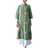 Women Chinese Traditional Northeast Flower Cheongsam Qipao Mandarin Collar Keyhole Dress with Pocket