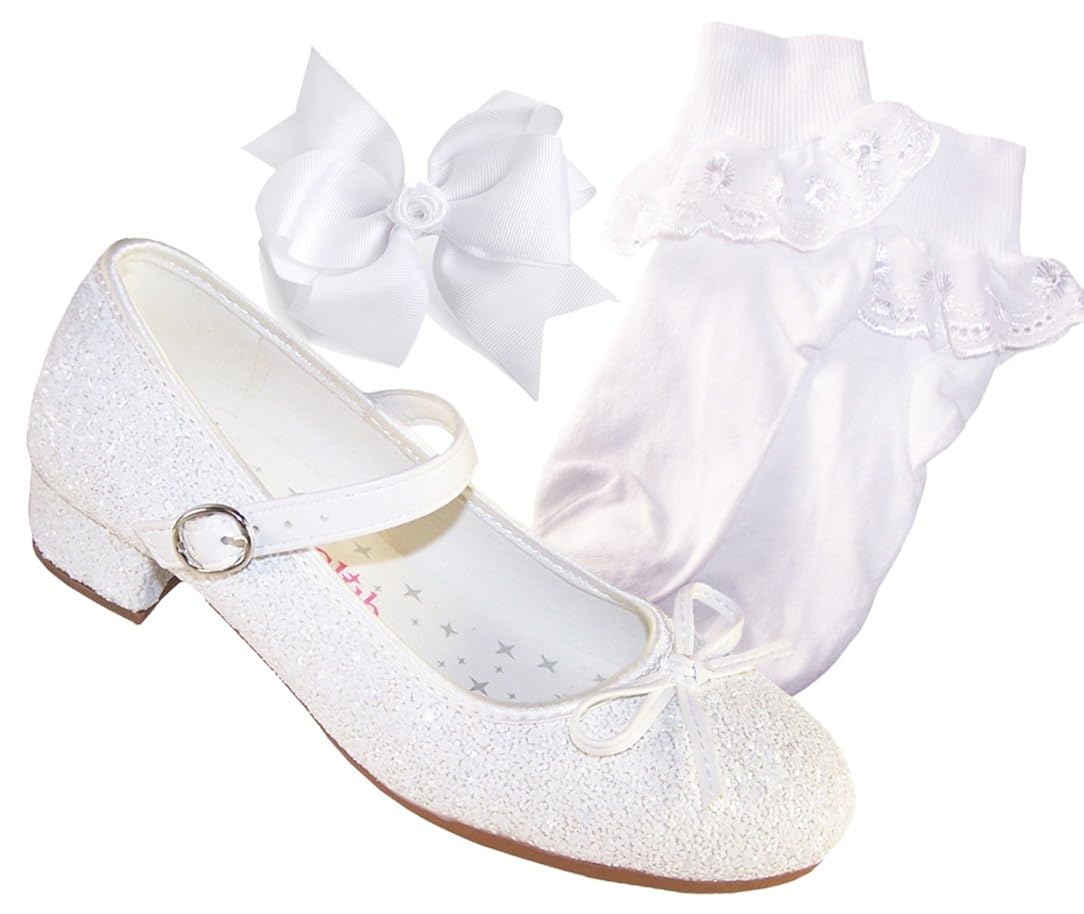 Girls White Low Heeled Sparkly Bridesmaid Flower Girl Special Occasion