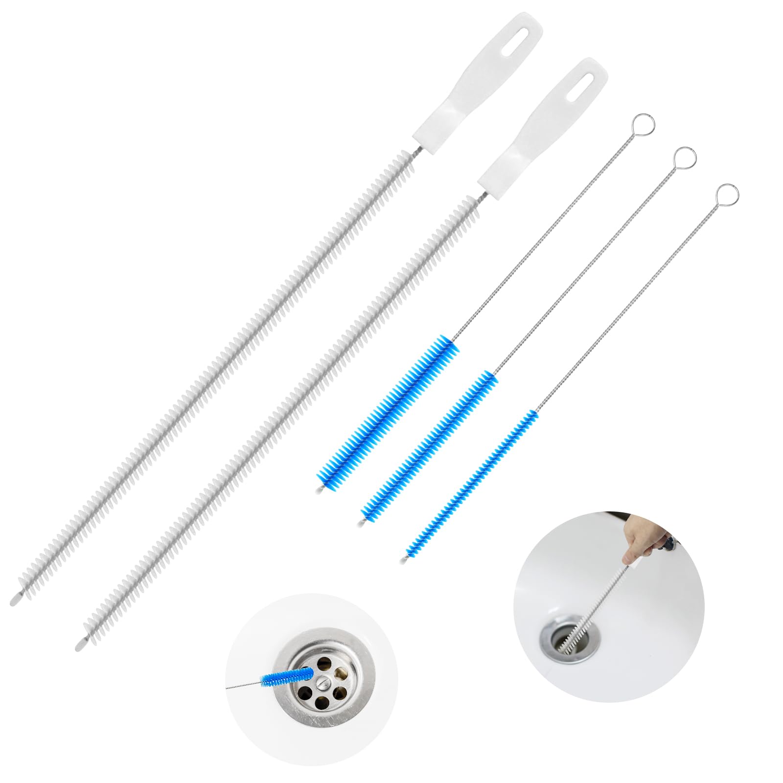 RAFIYU 5 Piece Cleaning Brush Set for Sewers, Includes 2 Pieces 45 cm Drain Cleaners and 3 Different Pipe Brushes for Detail, Flexible Drain Brush with Long Bottle Brushes for Bathroom, Kitchen