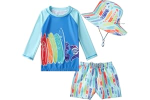 SWMSTUPF Toddlers Baby Boys' 3-Piece Rashguard Set Kids Bathing Suit Set with Hat UPF 50+