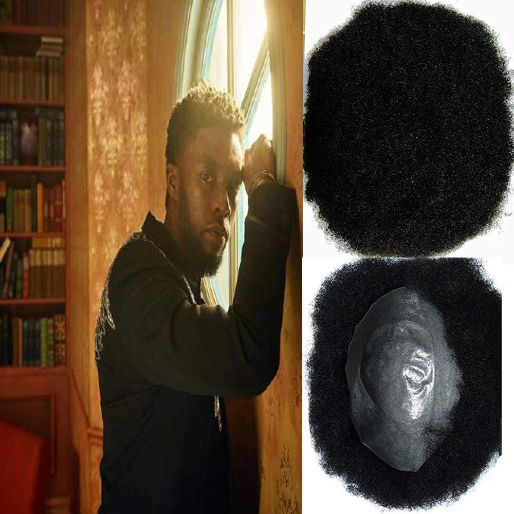 Afro Toupee for Men Human Hair Black African American Wigs 8x10inch African Curly Afro Toupee for Mens Curl Wigs for Black Men (#1 Jet Black Toupee Thin Skin)