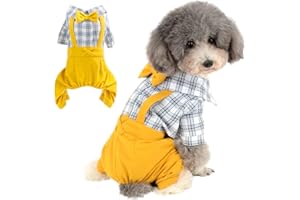 TEALOTS Dog Shirts Clothes Striped Onesies, Pet Plaid Overalls Apparel, Puppy Costumes Classic Black and White Jumpsuit with Bowtie for Small Medium Dogs Cats Boy Girl Wedding/Party (Medium, Yellow)