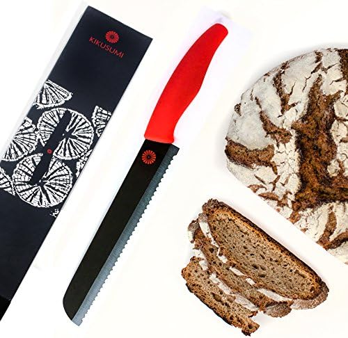 Kikusumi Bread Knife Set- BENI Red Handle + Black Ceramic Blade - 8 inch Serrated Knife + Luxury Knife Gift Set Box + 1 Custom Bread Knife Sheath + Free Cooking App (Red)