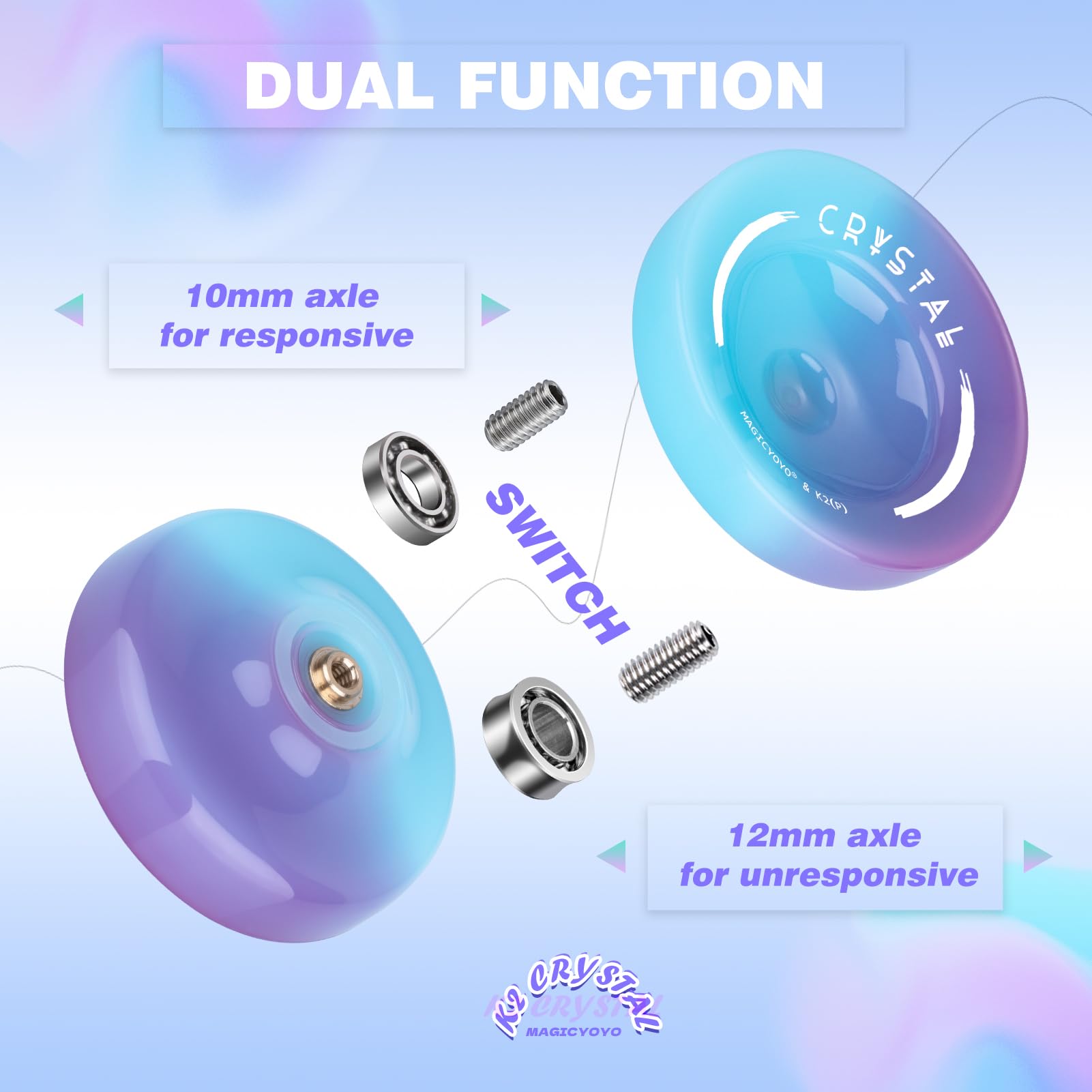 Yoyo Professional K2 Crystal Yo Yo, Responsive Yo-yo for Kids Beginners, Dual Purpose Yoyo for Adults Advanced + Unresponsive Yo-Yo Bearing + 12 Strings+Storage Bag + Bearing Tool ( Blue Purple)