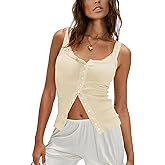 Outfeel Women Ribbed Tank Tops Sleeveless Button Down Camisole Summer Scoop Neck Cropped Top