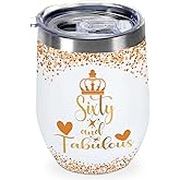 CFGBFDGH 60th Birthday Gifts For Women, Her, 12 oz Insulated Wine Tumbler with Lid, Sixty and Fabulous Stainless Steel Travel Tumbler Cups, 60 Year Old Gifts For Her, Mom, Wife, Friends