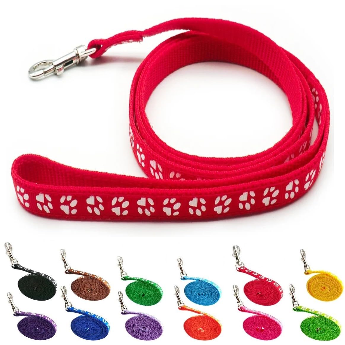 Small Dog Puppy Pet Cat Kitten Lead Pawprint Design Lightweight Nylon Metal Clip 120cm Leash Red — image 1