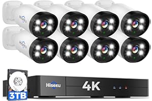 Hiseeu 4K Wired Security Camera System with Audio,Smart Color Night Vision,3TB Hard Drive,AI Human/Vehicle Detection,8PCS 8MP IP67 Weatherproof Home CCTV Cameras,Indoor/Outdoor Surveillance DVR Kit