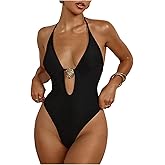 Milumia Women's One Piece Metal Cut Out Halter Swimsuit Sexy Deep V Neck Open Back Swimwear