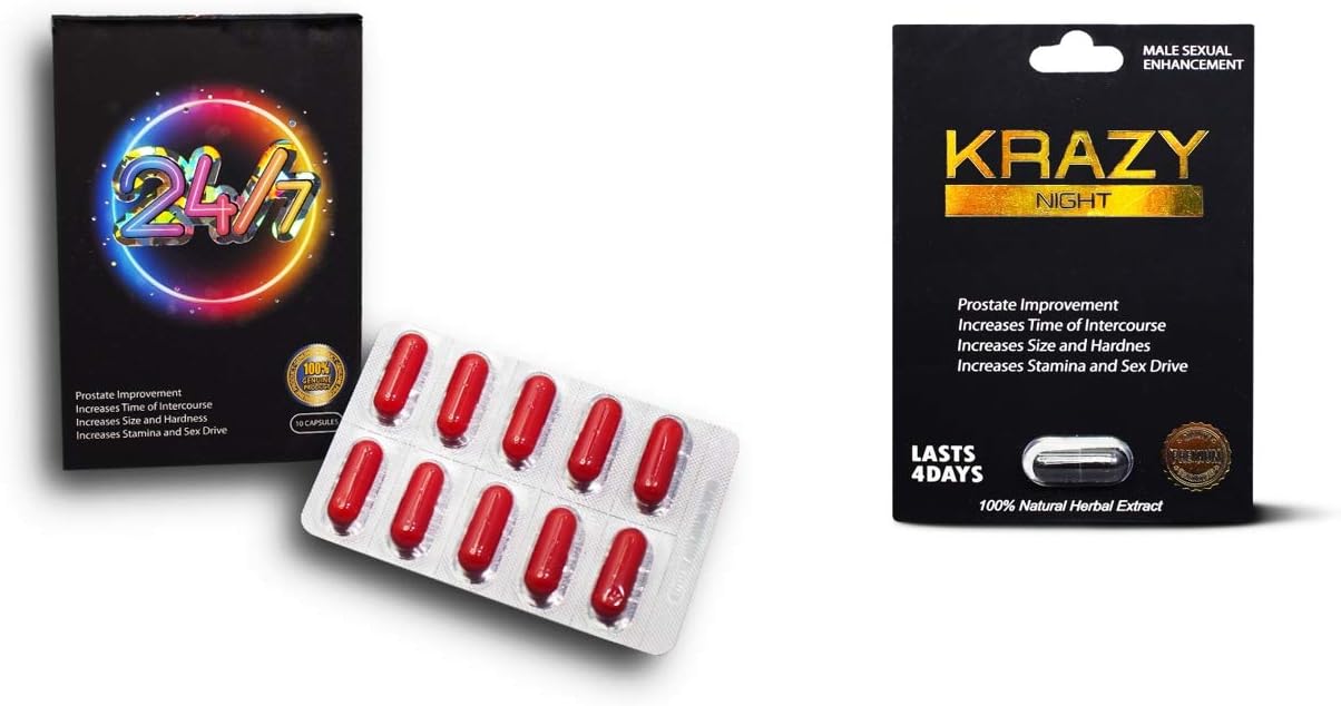 Twenty Four Seven 24/7 Red 10 Capsules Plus Krazy Night Black 1 Pill Fast Acting Male Amplifier for Strength, Performance, Energy, and Endurance (247Red10cap KrazBK 1pill)
