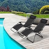 Ollieroo 2-Pack Black Zero Gravity Lounge Chair with Pillow and Utility Tray Adjustable Folding Recliner Outdoor Patio Chair