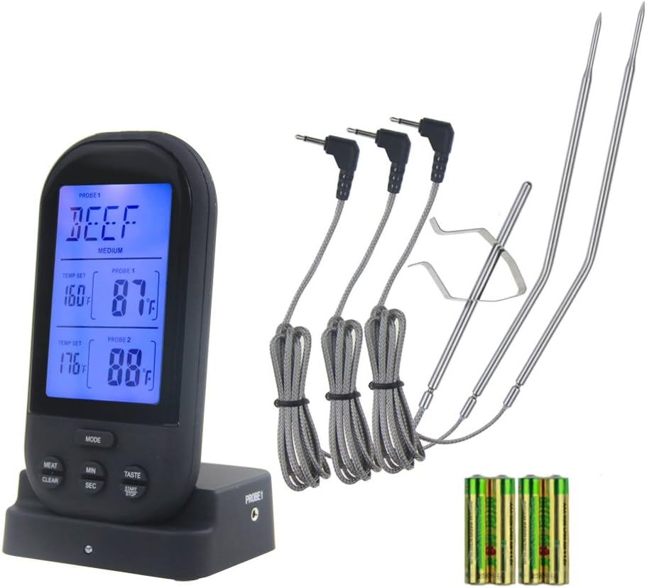 Wireless BBQ Meat Thermometer with 3 Waterproof Probes, Digital Instant Read Oven Thermometer with Cooking Timer Functions, 230 Feet Range, Battery Included for Kitchen, Smoker, Grill