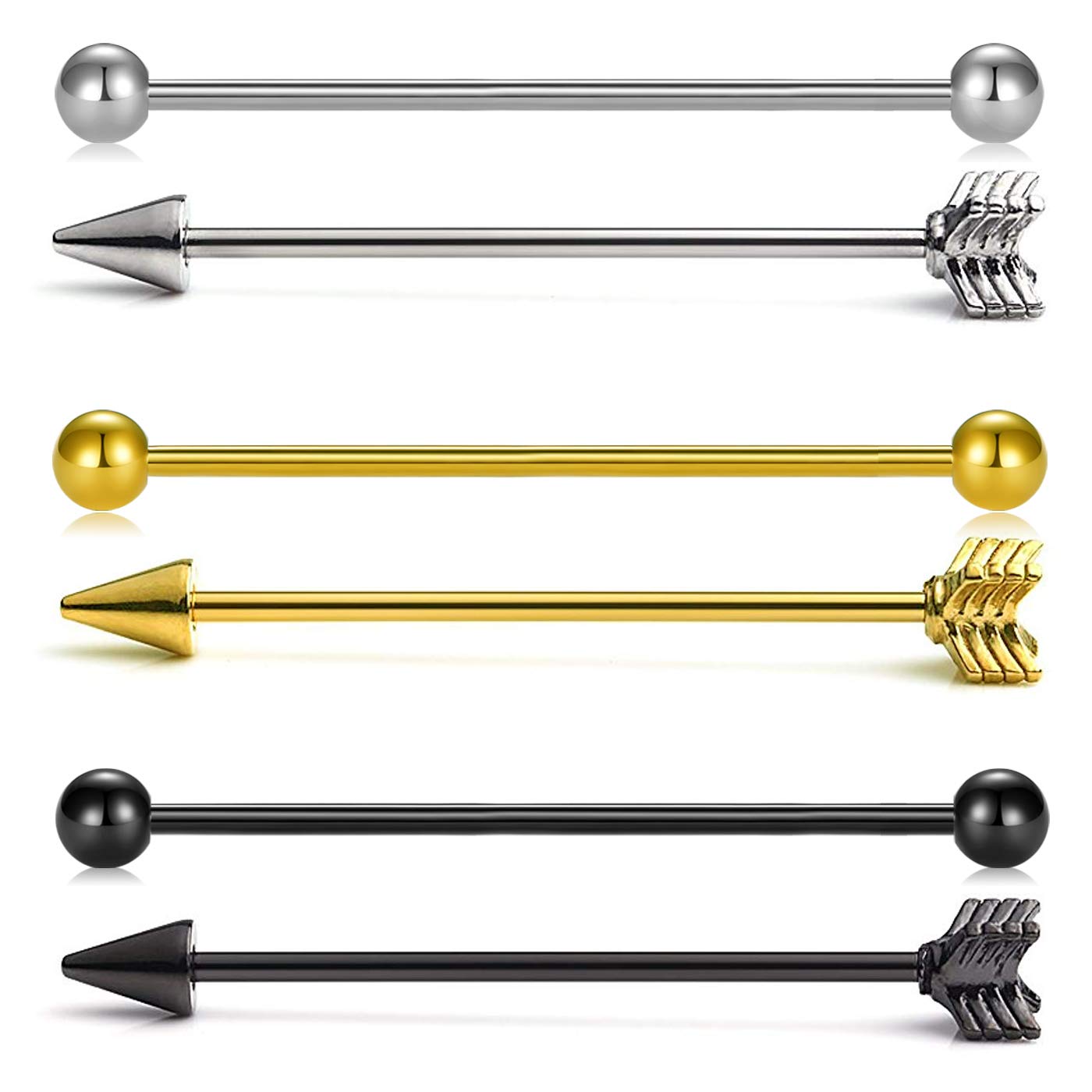 Vcmart 6 Pieces 14 Gauge Industrial Surgical Steel Bar Barbell Piercing 38 mm Arrow Ear Piercing Jewellery, Without Stone, without stone